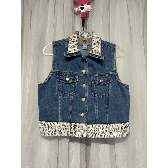 VTG Don’t Mess With Texas Denim Western Vest Country Chic Sz M Rodeo Snake Print - Picture 2 of 8